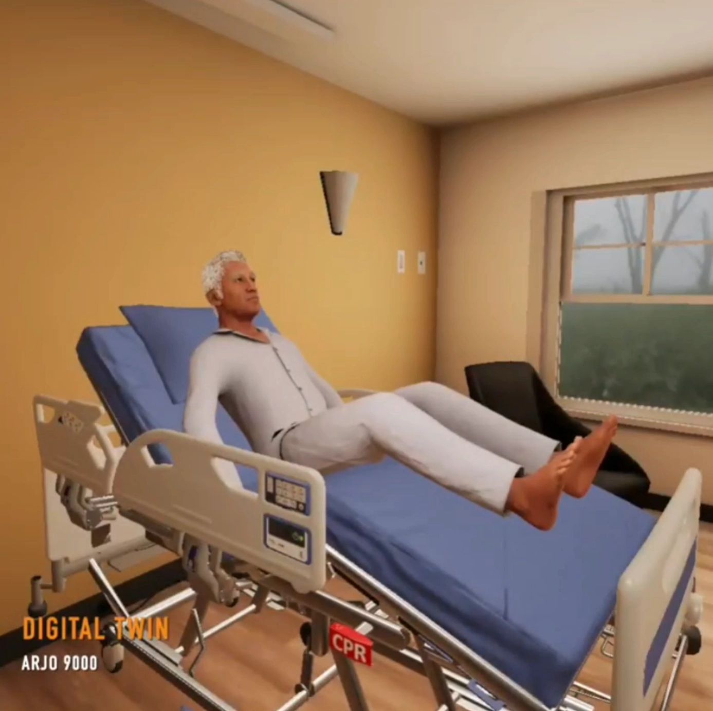 High-fidelity hospital room digital twin showing patient on adjustable bed with CPR release controls