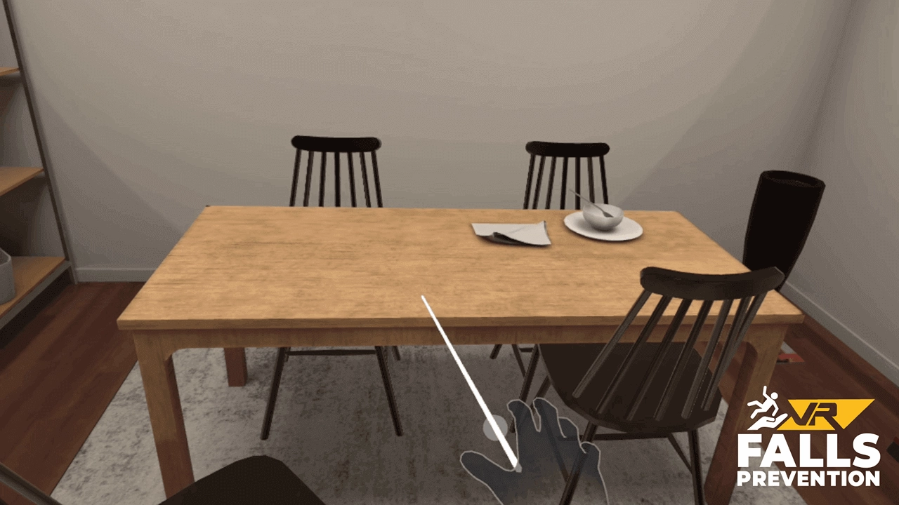 VR falls prevention simulation showing first-person perspective identifying hazards in a residential environment